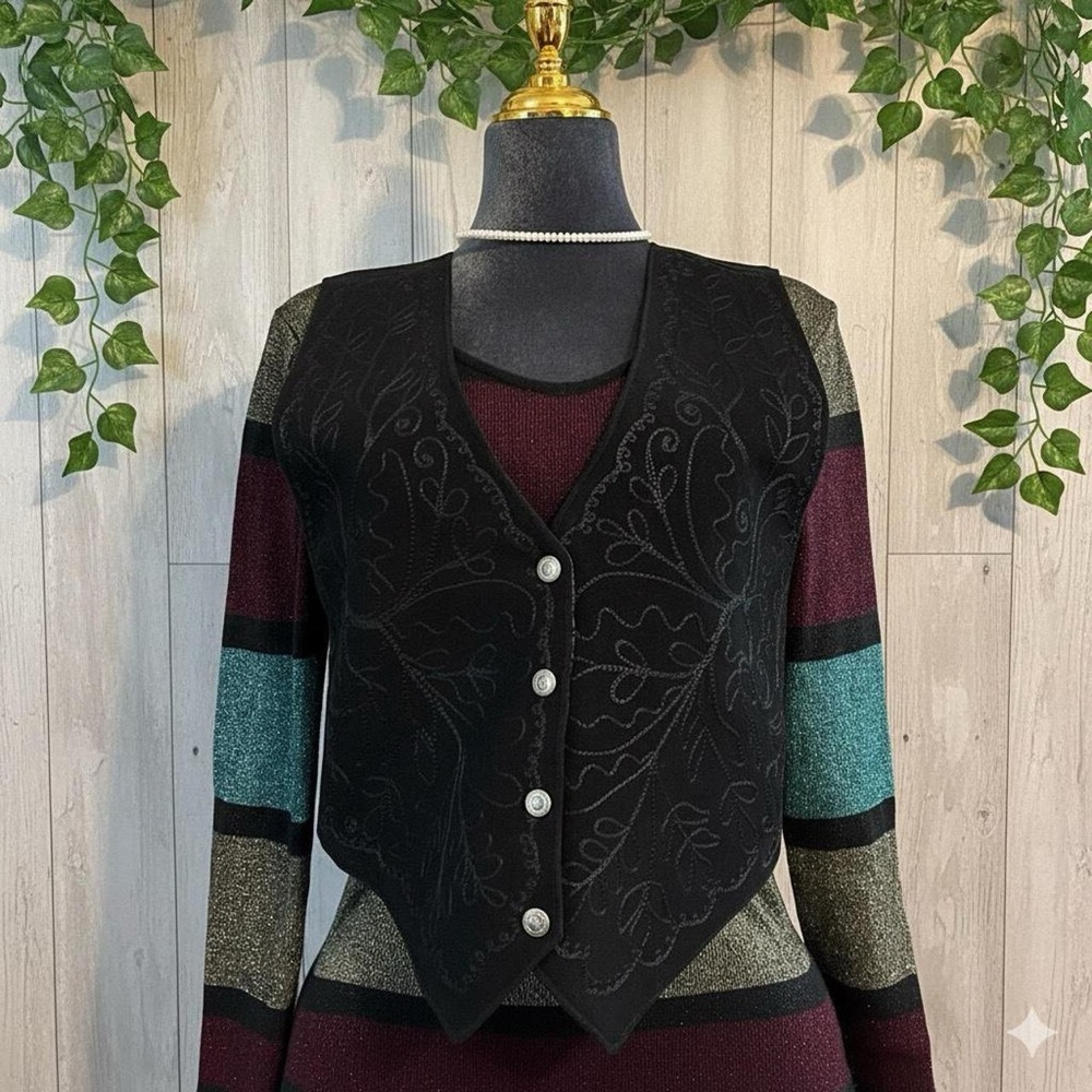 Scully Burgundy and Teal Striped Sweater with Black Vest